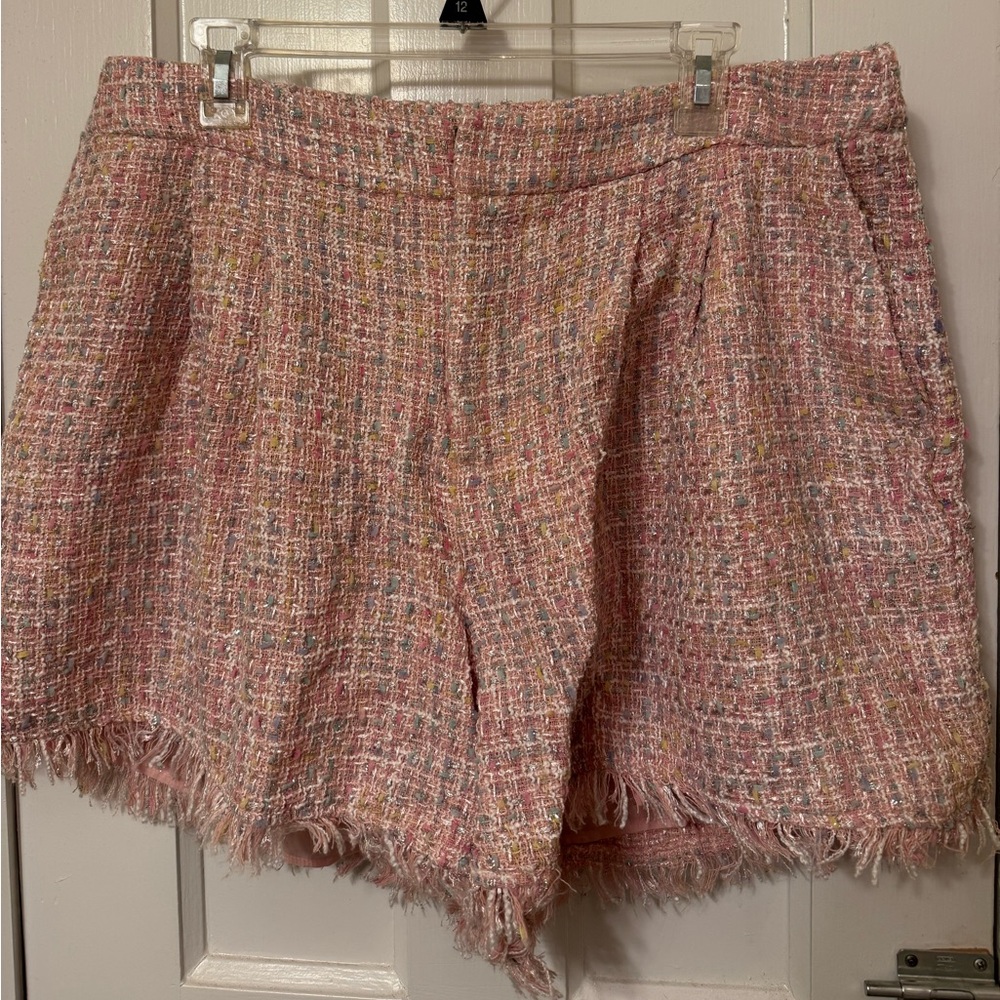 ELOQUII tweed shorts with fringe detail
